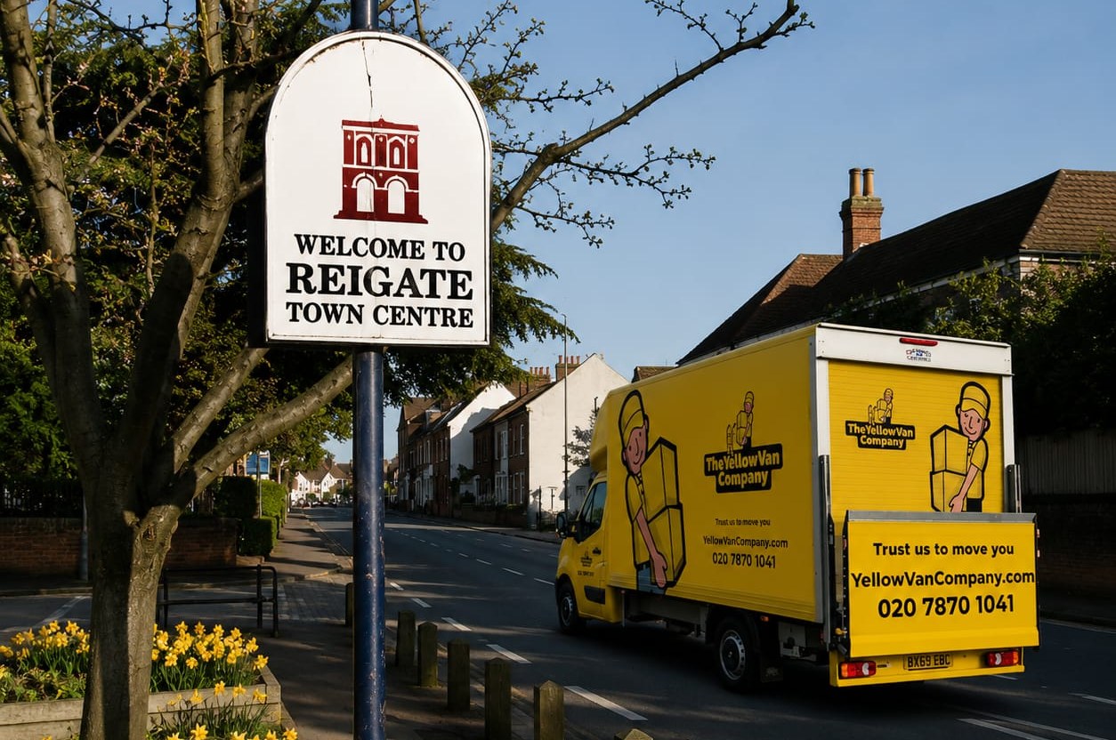 A Yellow Van Company branded Luton removal van passing the Welcome to Reigate Town Centre sign &mdash; family-run Reigate removals serving RH2 and the surrounding Surrey area since 2011